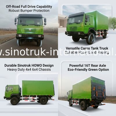 شاحنة SINOTRUK الثقيلة ذات نوع القيادة 4X4 LHD ، خزان البضائع 5000 * 2300 * 2300 مم ، و 16T سعة المحور الخلفي لسحب الحمولة الثقيلة