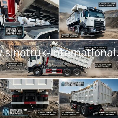 LHD 8 × 4 12 عجلات بيضاء HOWO قلابة شاحنة عالية القوة 371 حصان