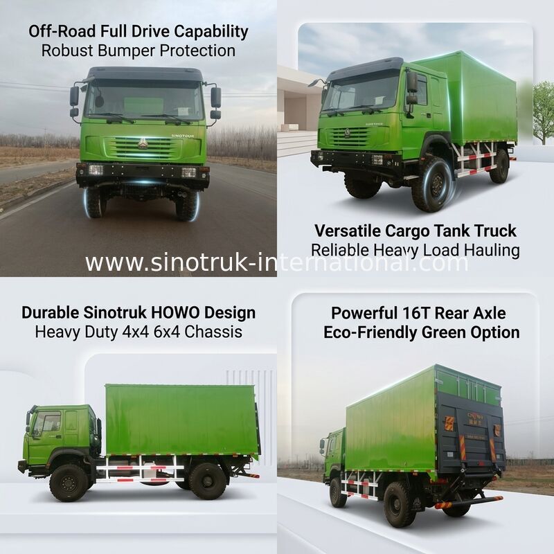 شاحنة SINOTRUK الثقيلة ذات نوع القيادة 4X4 LHD ، خزان البضائع 5000 * 2300 * 2300 مم ، و 16T سعة المحور الخلفي لسحب الحمولة الثقيلة