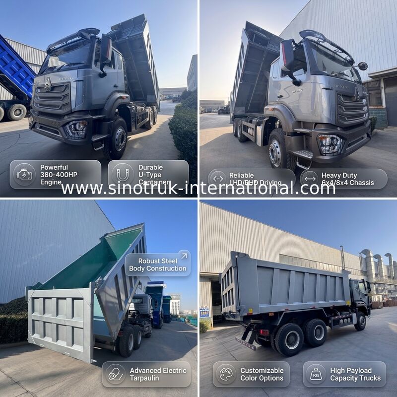سينوتروك هوهان نيو هوو تيبر ديمب شاحنة الرفع الوسطى 6 × 4 RHD صندوق الشحن 19-20CBM اللون المخصص للعميل الماس الفضة 400HP
