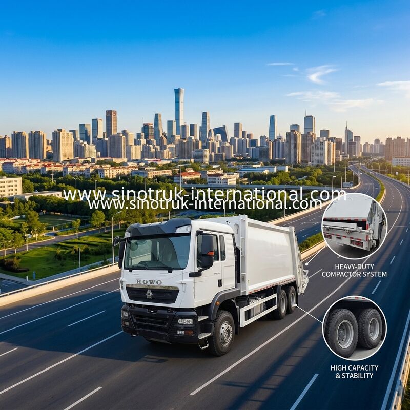 شاحنة القمامة الضغطية ذات الحجم الكبير 18m3 مع محرك 371HP وإطارات ثقيلة للخدمة لإدارة النفايات بكفاءة