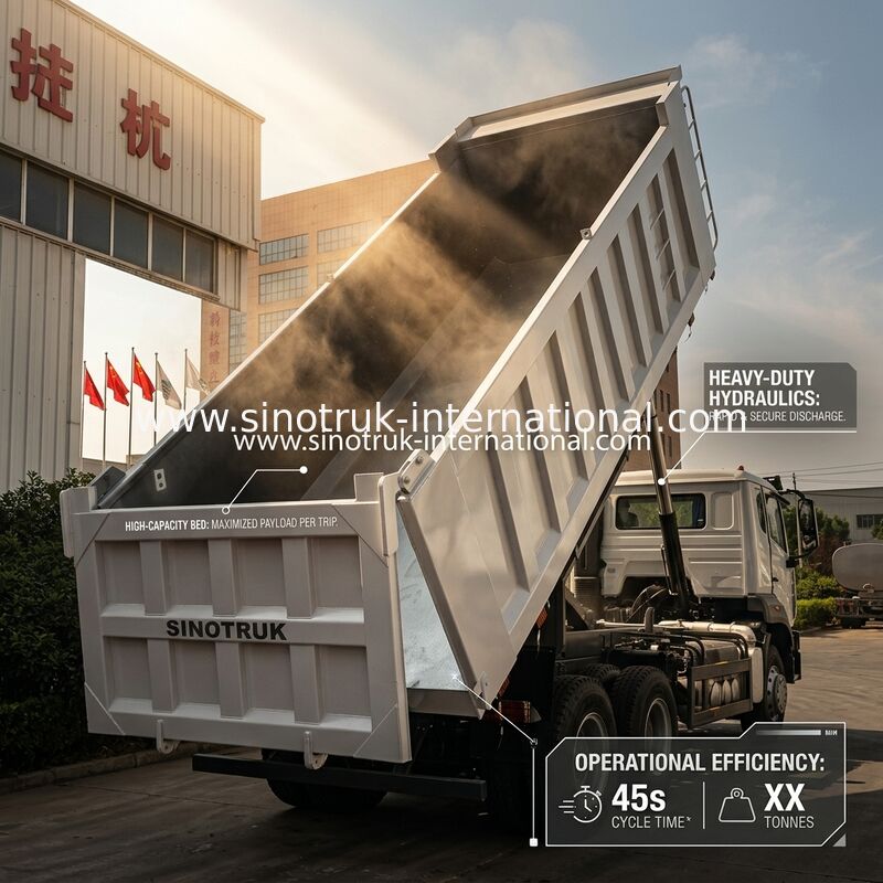 شاحنة قلابة SINOTRUK HOHAN Howo، محرك Weichai، رفع متوسط، 6 × 4، قيادة يسرى، صندوق شحن مستطيل، أبيض، 19-20 متر مكعب