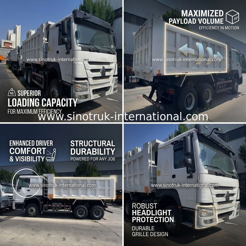 محرك SINOTRUK 371 حصان 6 × 4 شاحنة قلابة HOWO ذات عجلة قيادة يسارية بيضاء 19-20 متر مكعب رفع متوسط
