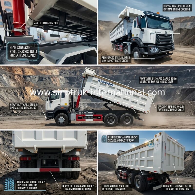LHD 8 × 4 12 عجلات بيضاء HOWO قلابة شاحنة عالية القوة 371 حصان