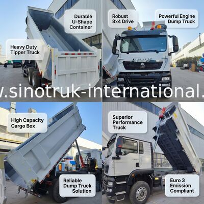 شاحنة قلاب HOWO TX 6*4 بيضاء بمحرك MAN بقوة 390 حصان وصندوق شحن 20 متر مكعب لأداء فائق