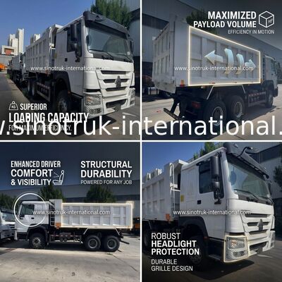 محرك SINOTRUK 371 حصان 6 × 4 شاحنة قلابة HOWO ذات عجلة قيادة يسارية بيضاء 19-20 متر مكعب رفع متوسط